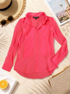 Elizabeth and James Hot Pink 100% Silk Sheer Button Down Blouse M